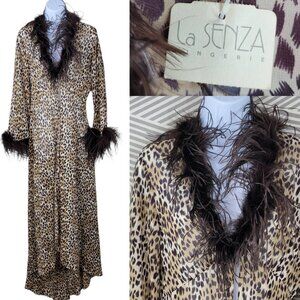 Vtg NEW Sheer Leopard Robe Small Medium Feather Trim Long Sheer Sexy Hollywood
